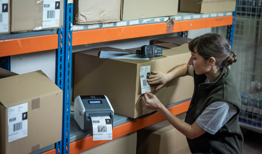 Woman crouched down applying labels to tacks of boxes with a label printer in the middle