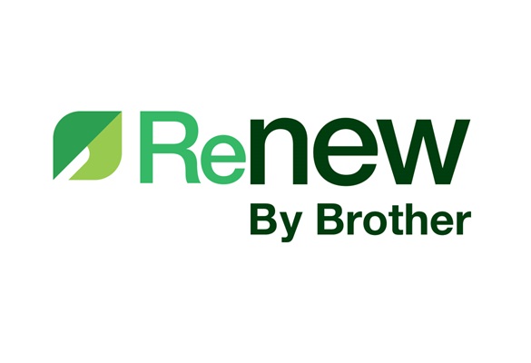 Green leaf with the words Renew by Brother in green