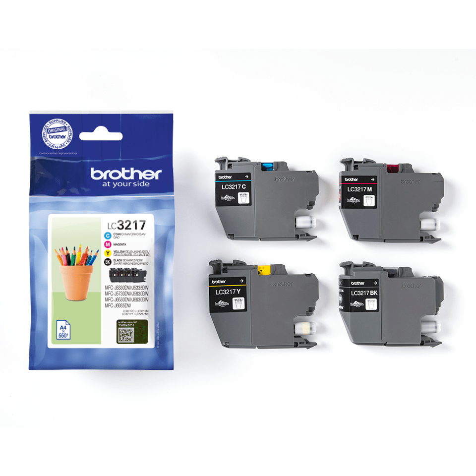 Multi Pack Cyan/Magenta/Yellow/Black Standard Yield Brother Genuine Supplies Brother LC3217C/LC3217M/LC3217Y/LC3217BK Inkjet Cartridges 